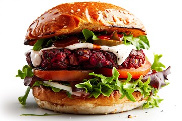**Vegan Burger With Beetroot Patty, Lettuce, Tomato, And Vegan Mayo In Brioche Bun, Styled Clean On White --Ar 3:2 --V 6.0 --S 250 --P G8Gxrjv** - @Darya (Relaxed)
