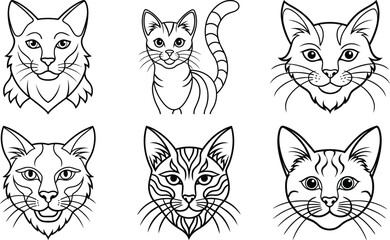 set of cat head line art design,stylized Cat head  Face Line Drawing Illustration,