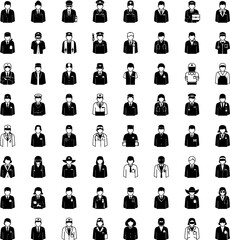 A collection of minimalist, black silhouette icons representing diverse business profiles, including men and women in professional attire.