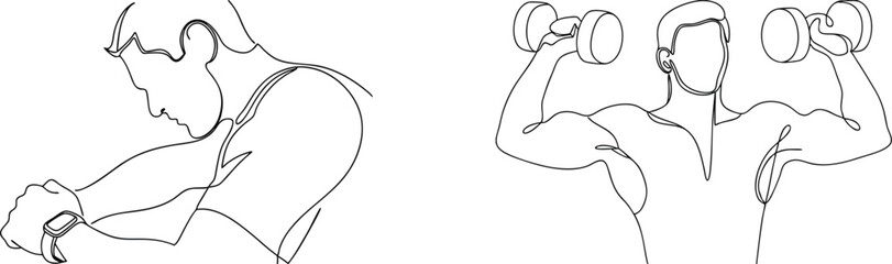 Continuous line art depicting fitness exercises with dumbbells and smartwatch technology