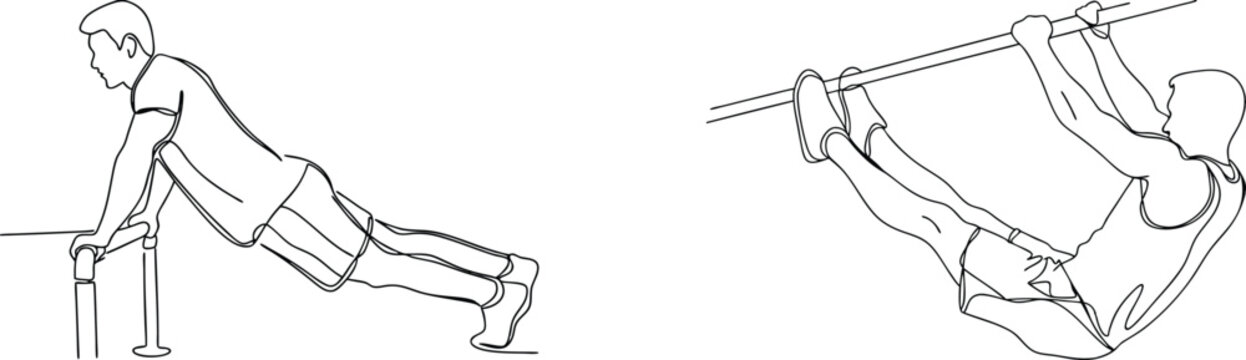 Minimalist line drawing of two exercise poses calisthenics fitness bodyweight training workout