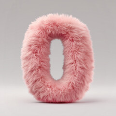 Pink fluffy fur textured number 0 on gray background, 3d render
