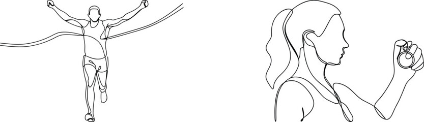 Minimalist continuous line drawing depicting a marathon runner crossing finish line and timer