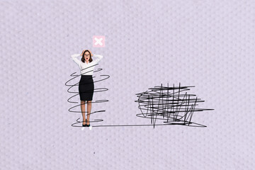 Exclusive magazine picture sketch collage image of serious girl man stand scribble doodle cross...
