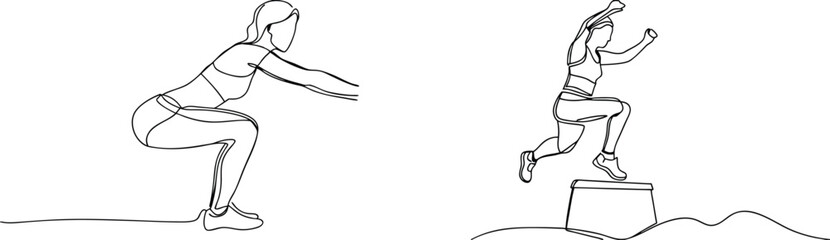 Line drawing of a woman squatting and jumping in a fitness exercise routine