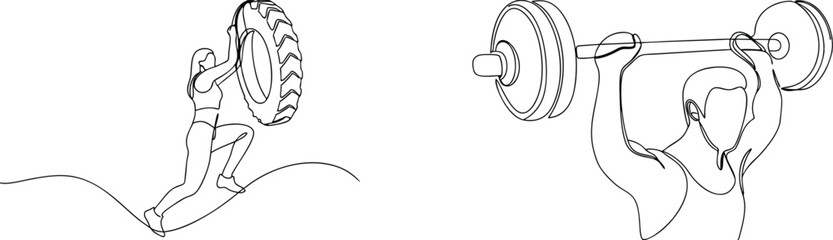 Minimalist line drawings depicting fitness exercises with tire and weightlifting barbell