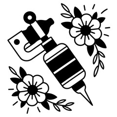Black and white tattoo machine illustration surrounded by floral designs, perfect for tattoo art theme