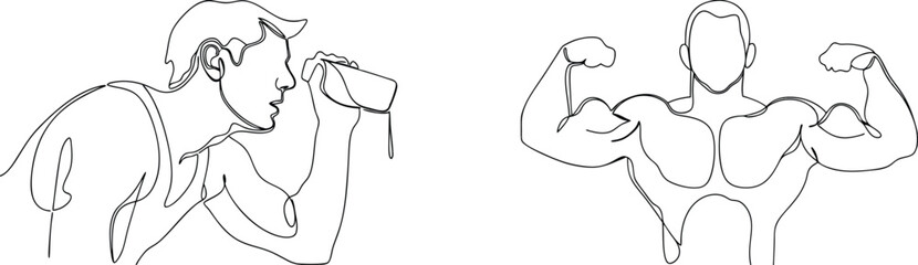 Continuous line drawing of a bodybuilder drinking and flexing arms for fitness illustration