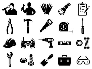 Black silhouette icons including hammer, screwdriver, drill, wrench, helmet, gloves, and toolbox for construction, DIY, repair, maintenance, and industrial safety themes