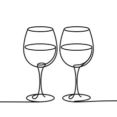Minimalist continuous vector line art of two wine glasses, ideal for wine, celebration, romance, and dining themes
