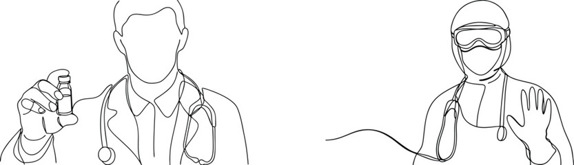 Single line art depicting a doctor holding a vaccine vial and a healthcare worker in ppe