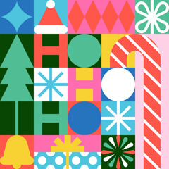 Obraz premium Ho Ho Ho holiday lettering. Vector Christmas geometric illustration. Color greeting card, poster, banner, print design