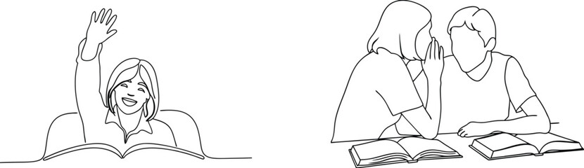 Line drawing illustration depicts a student raising hand and whispering students learning together
