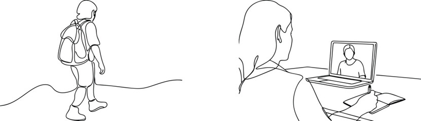Simple line drawing depicts remote learning and outdoor journey of modern lifestyle