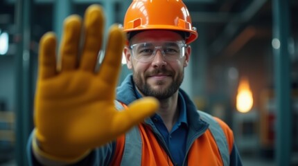 close-up of a worker in safety gear extending a gloved hand in a stop gesture.