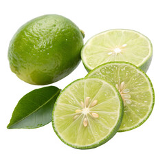 Bright Green Whole Lime with Slices and Leaves on Transparent Background