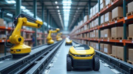 Fototapeta premium Robotic systems efficiently organizing packages in automated warehouse environment