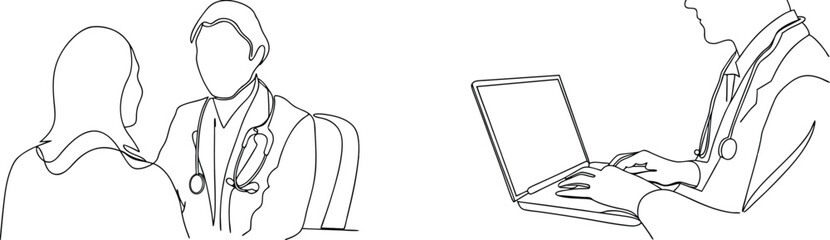 Medical consultation and doctor working on laptop line art illustration concept