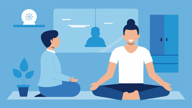 Mindfulness and Relaxation Techniques The patient practicing a breathing exercise with a calming background in the clinic while the consultant observes and provides guidance.