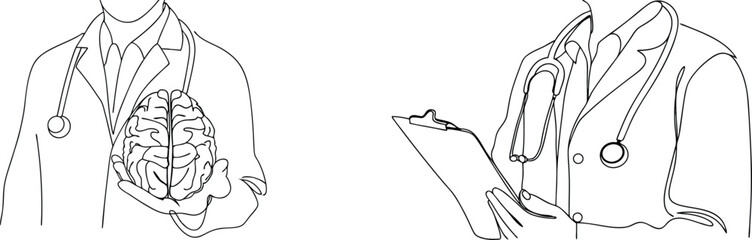 Medical professional examining brain anatomy concept depicted in minimalist single line art