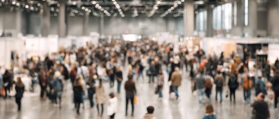 Obraz premium Blurred crowd of people walking in a large hall during a convention or trade show event setting