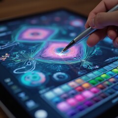 Obraz premium Digital tablet showing NFT art creation process with stylus and vibrant colors