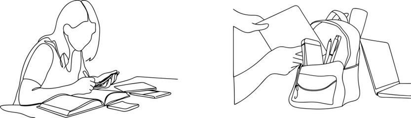 Student studying writing and organizing items in a backpack line art illustration
