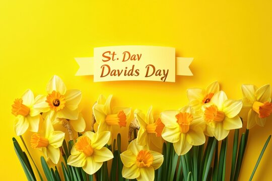 Daffodils and st davids day banner on yellow.