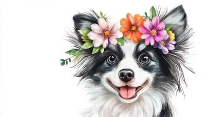 Fototapeta premium Cute cartoon dog with a colorful flower crown, illustration generative ai