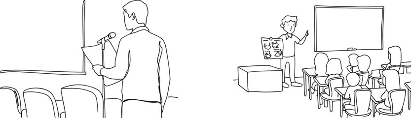 Line drawing illustrations of presentations and classroom lectures with teacher and students