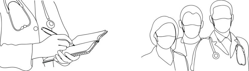 Line art representation of medical professionals with masks and notes in black and white