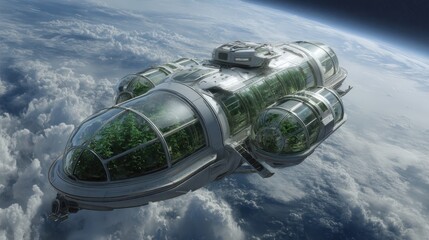 Futuristic Spaceship Greenhouse Orbiting Earth Above Cloudscape Sustainable Space Farming Concept