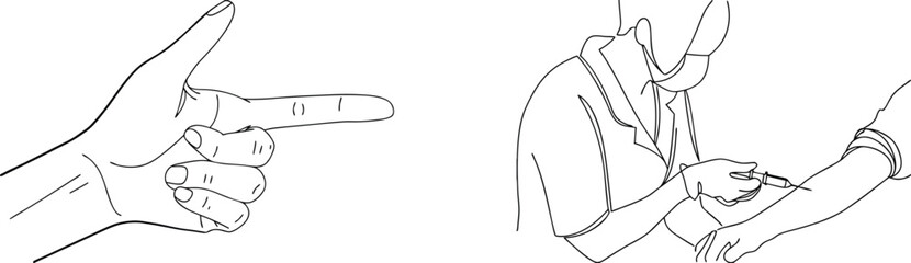 Medical professionals give an injection in an arm and a hand is pointing to it in line art