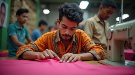 Skilled textile worker in colorful shirt operating sewing machine in busy Indian garment factory, showcasing authentic manufacturing process and traditional craftsmanship
