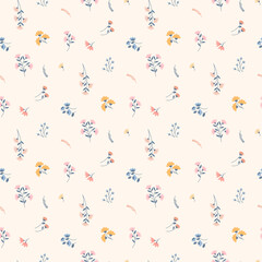 Lovely, beautiful spring flowers pattern. Ditsy floral seamless pattern. Cute small flower on light background. Repeat pattern. Ditsy print. Flower surface design, floral design for fashion, fabric