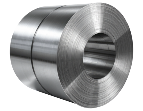 Shiny Aluminum Coil Roll for Manufacturing and Engineering Applications on Transparent Background.