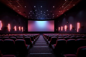 Modern cinema interior with empty seats and illuminated screen before a showing