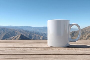 Obraz premium Scenic mountain view with a white mug on a wooden table in bright daylight