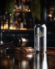 An illustration of cold sparkling water with condensation on the surface is next to a wooden gavel with a carved cannabis leaf logo on the head, symbolizing legal oversight.