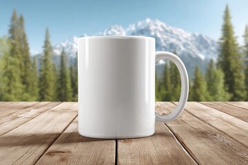 Obraz premium Empty white mug on a wooden table with a mountain backdrop in the morning light
