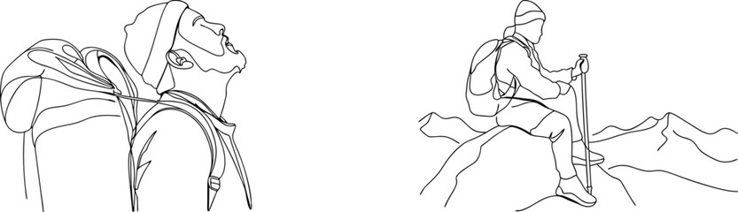 Line art depicting hikers experiencing the outdoors exploring mountainous terrain and journey