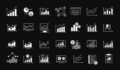 A set of vector icons related to graphs and charts. Set of graph and statistics icons. Collection of simple linear web icons, line charts, candlestick, combined, bar charts, pie charts.