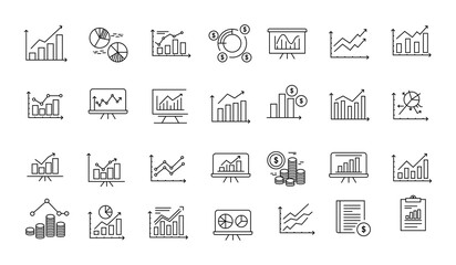 A set of vector icons related to graphs and charts. Set of graph and statistics icons. Collection of simple linear web icons, line charts, candlestick, combined, bar charts, pie charts.