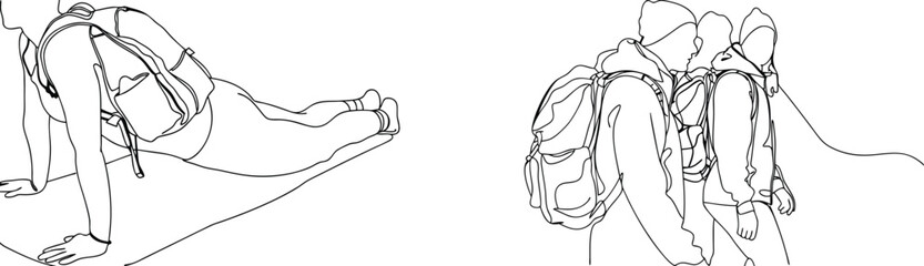 Black and white minimalist line art illustrations of individuals backpacking on an adventure.