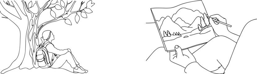 Contemplative hiker resting under a tree and sketching a mountain landscape in nature