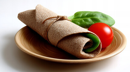 Freshly prepared wrap served with lettuce and tomato on a wooden plate