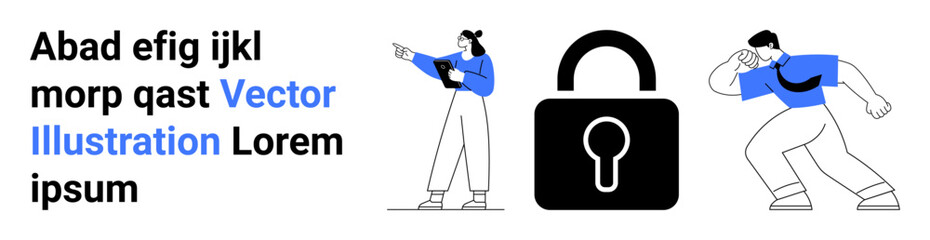 Professional analyzing data on a tablet while pointing to security alert, another figure inspecting surroundings. Large lock emphasizes security. Ideal for data protection, cybersecurity, tech