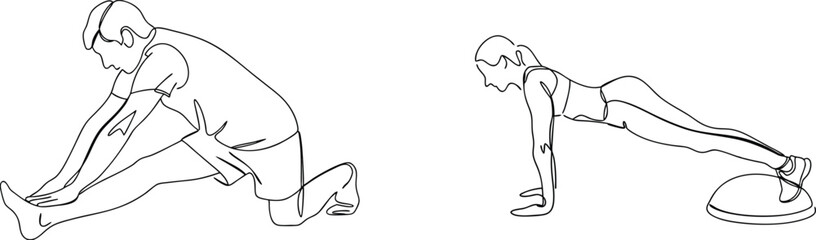 Line drawing depicting stretching and balance exercises for fitness and wellness