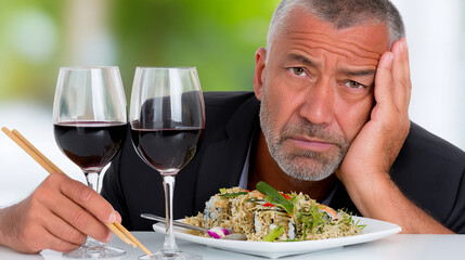 Man dining alone looks disappointed with his meal and wine in a bright, upscale restaurant setting