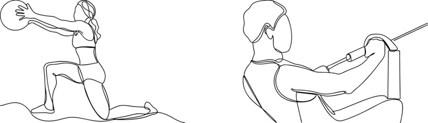Continuous line drawing depicting fitness exercises with medicine ball and gym machine workout